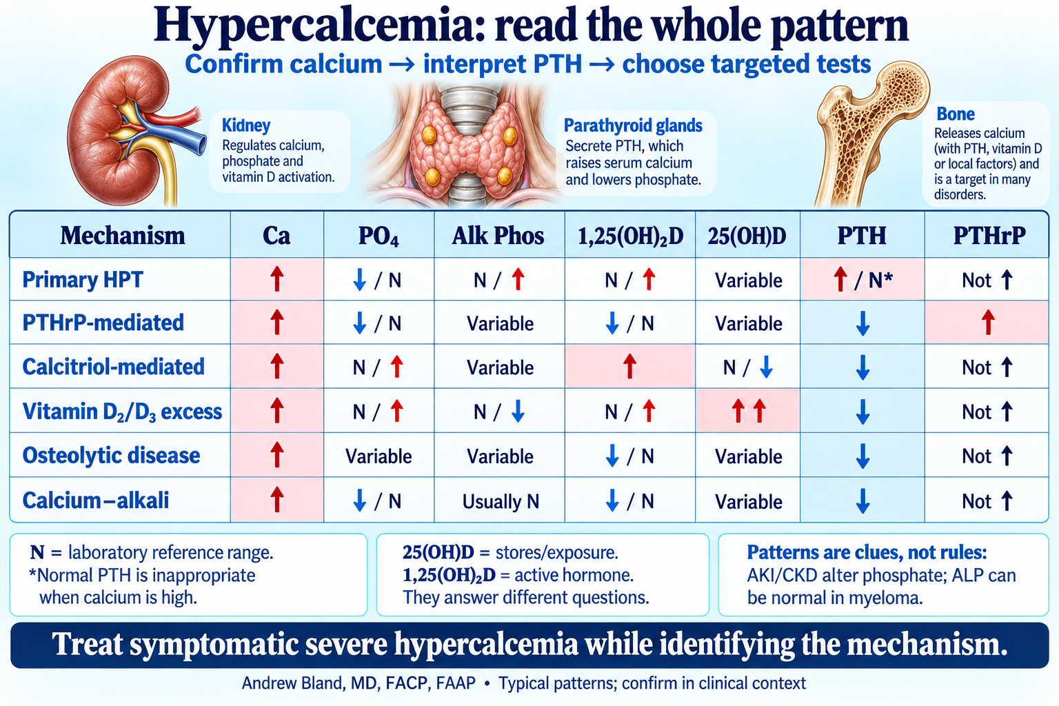 Six common hypercalcemia mechanisms compared across calcium, phosphate, alkaline phosphatase, 1,25-dihydroxyvitamin D, 25-hydroxyvitamin D, PTH and PTHrP, with caveats for kidney dysfunction and normal ALP in myeloma.