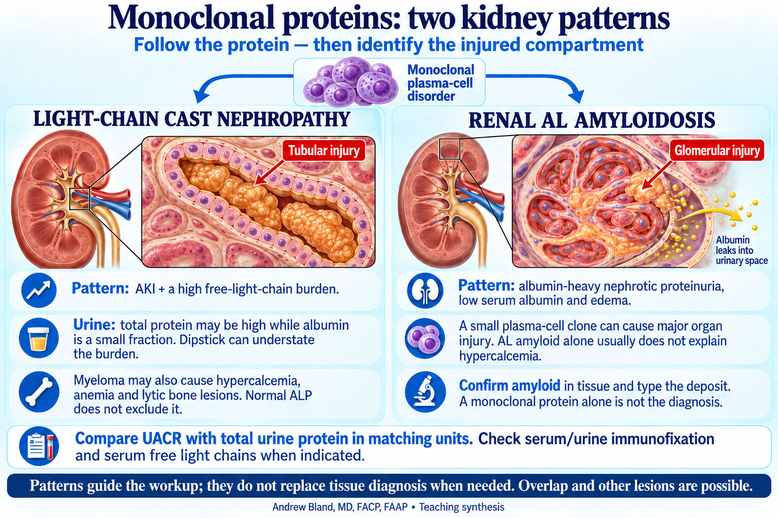 Comparison of light-chain cast nephropathy with predominantly nonalbumin proteinuria and AKI, and renal AL amyloidosis with albumin-heavy nephrotic syndrome; tissue diagnosis and amyloid typing distinguish lesions.