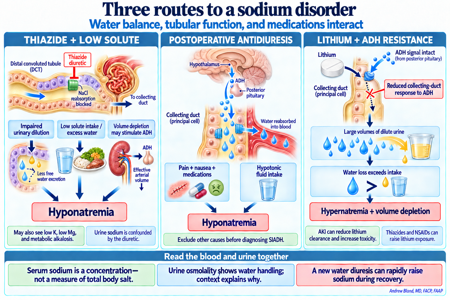 Thiazides impair urinary dilution; low solute intake, excess water, and sometimes volume depletion contribute to hyponatremia. Postoperative pain, nausea, and medications can sustain ADH activity while hypotonic intake adds water. Lithium can impair collecting-duct response to ADH, producing dilute polyuria and hypernatremia when losses exceed intake.