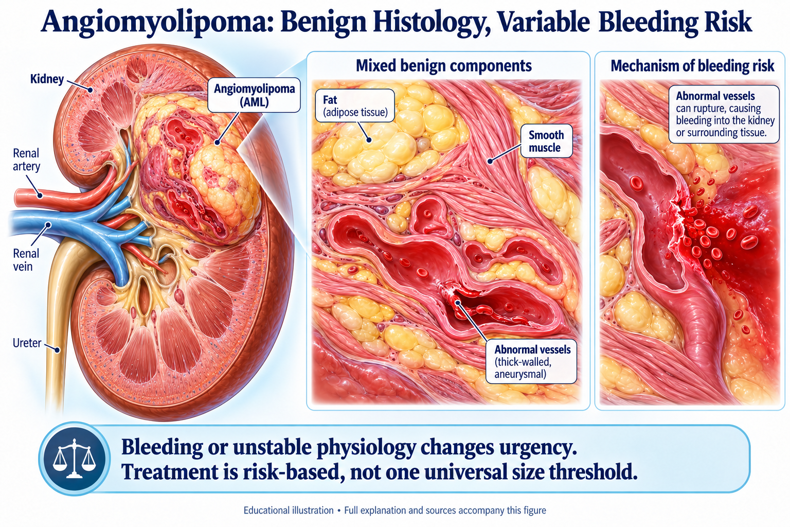 Angiomyolipoma: Benign Histology, Variable Bleeding Risk visual summary
