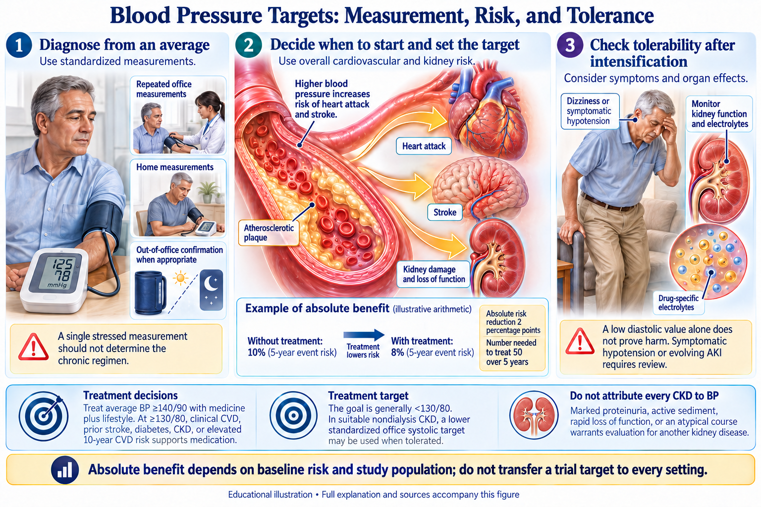 Blood Pressure Targets: Measurement, Risk, and Tolerance visual summary. Open for the full image and text version.