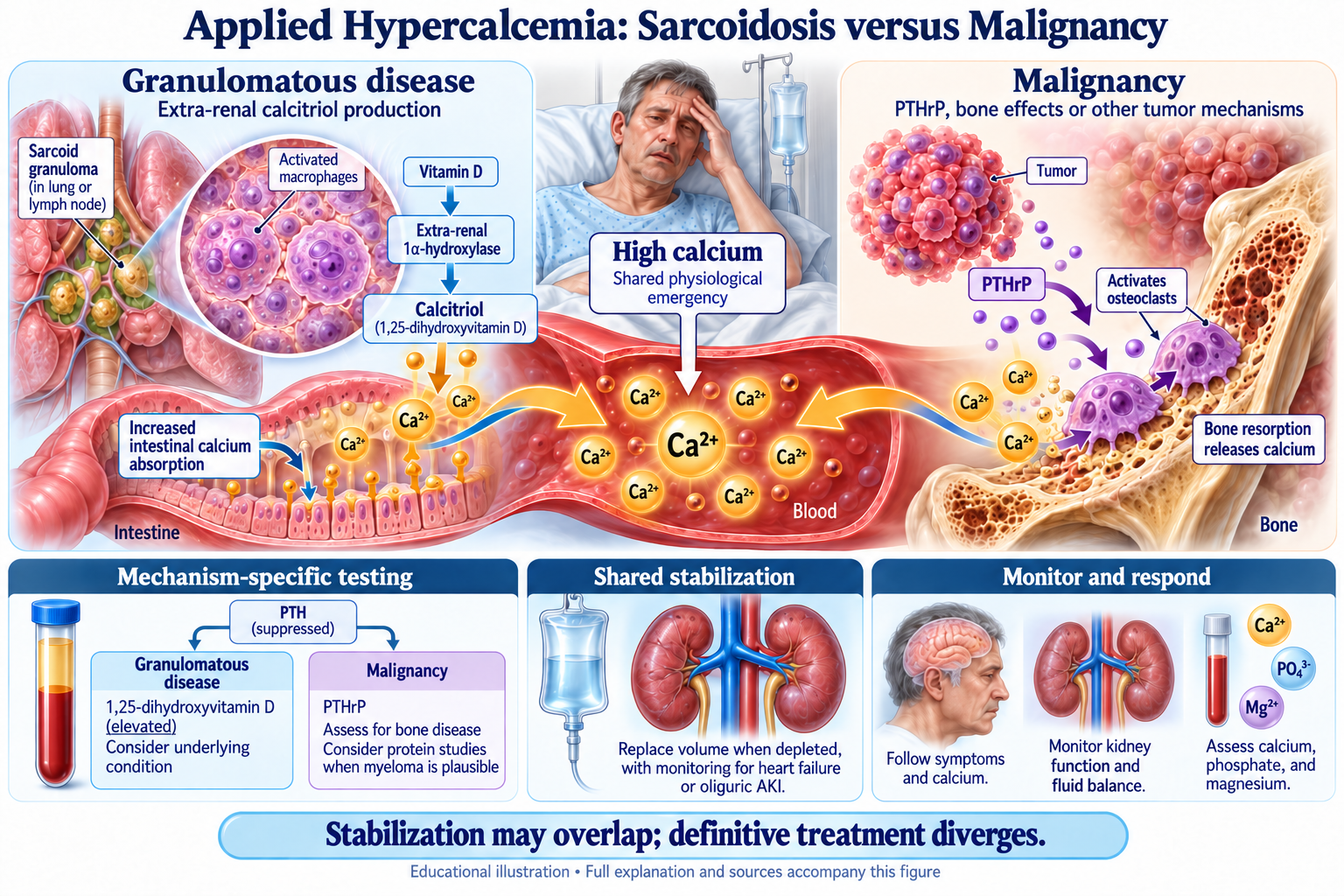 Applied Hypercalcemia: Sarcoidosis versus Malignancy visual summary. Open for the full image and text version.