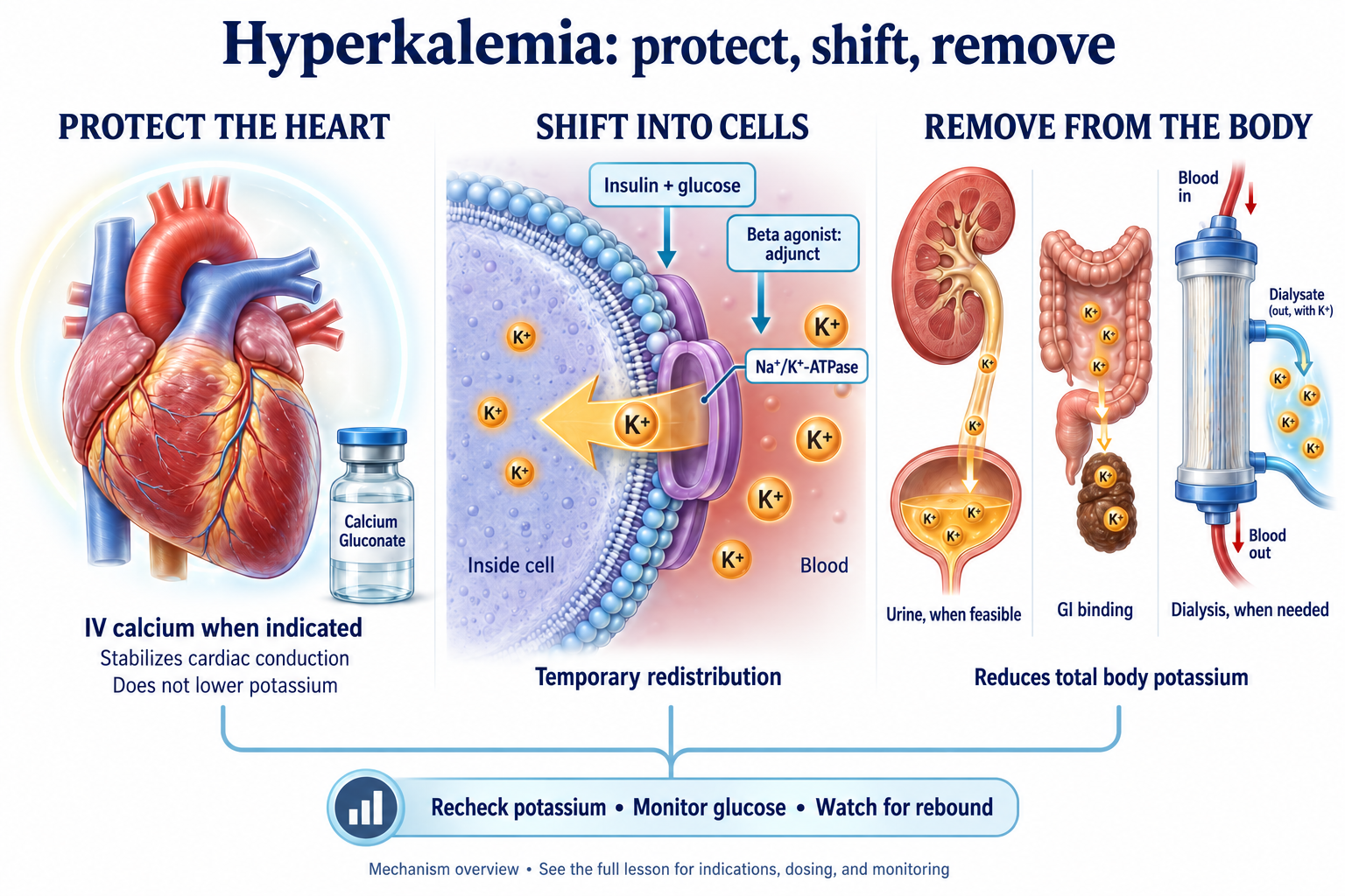 Hyperkalemia: protect the heart, shift potassium into cells, and remove it from the body.