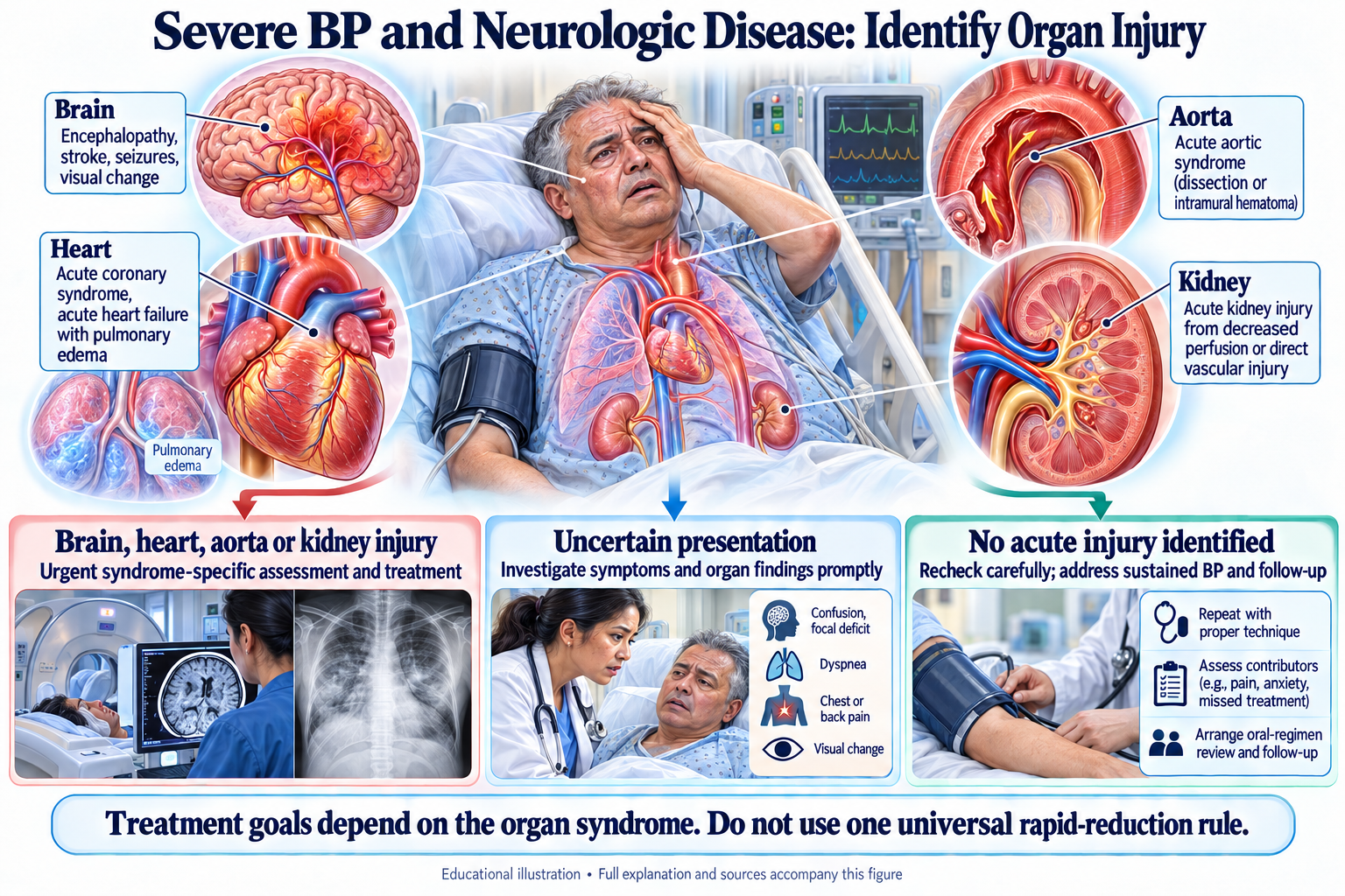 Severe BP and Neurologic Disease: Identify Organ Injury visual summary. Open for the full image and text version.