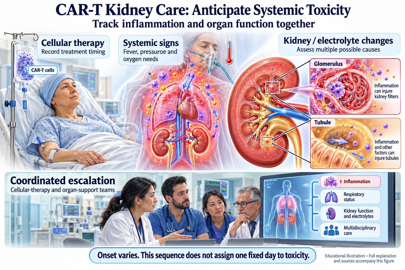 CAR-T Kidney Care: Anticipate Systemic Toxicity visual summary. Open for the full image and text version.