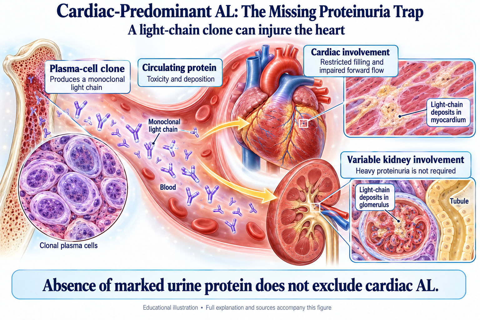 Cardiac-Predominant AL: The Missing Proteinuria Trap visual summary