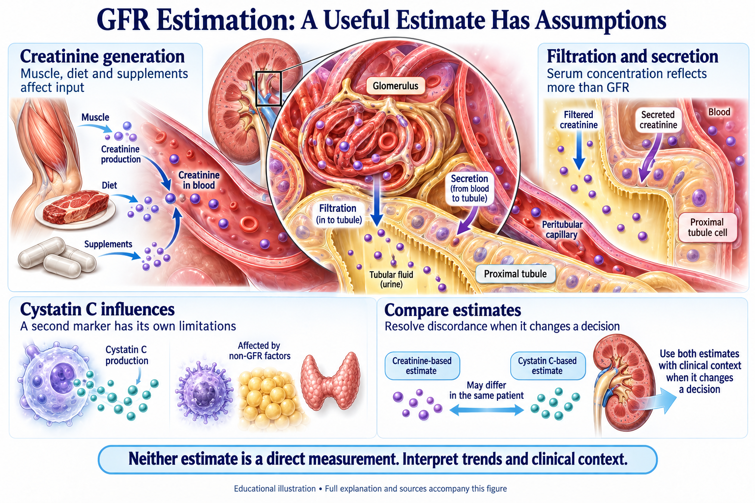 GFR Estimation: A Useful Estimate Has Assumptions visual summary. Open for the full image and text version.