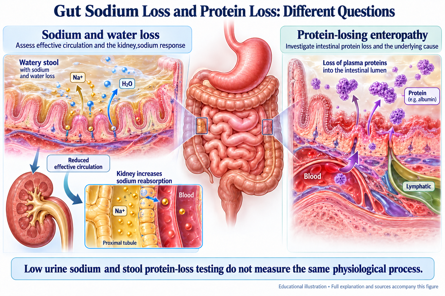 Gut Sodium Loss and Protein Loss: Different Questions visual summary