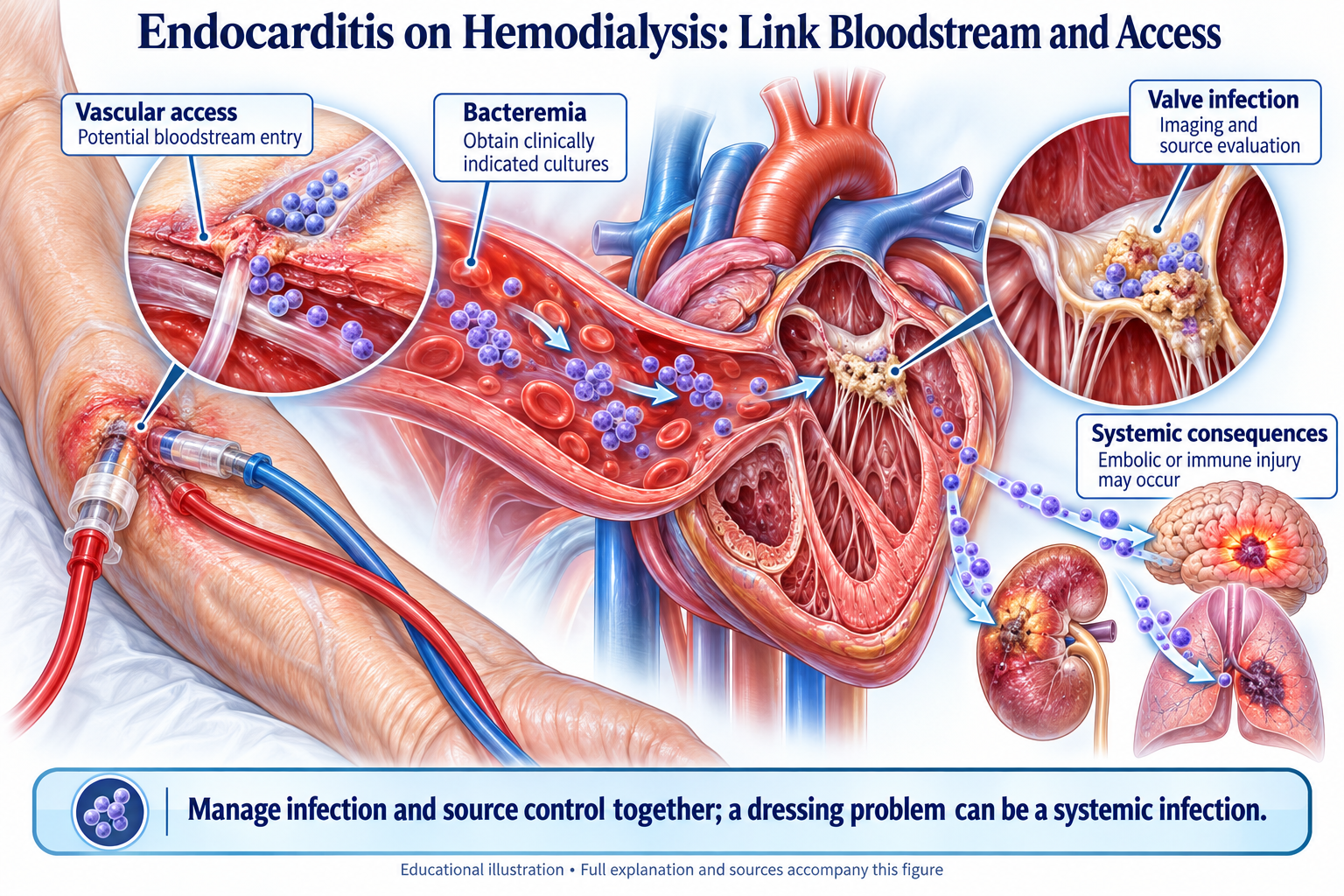 Endocarditis on Hemodialysis: Link Bloodstream and Access visual summary. Open for the full image and text version.