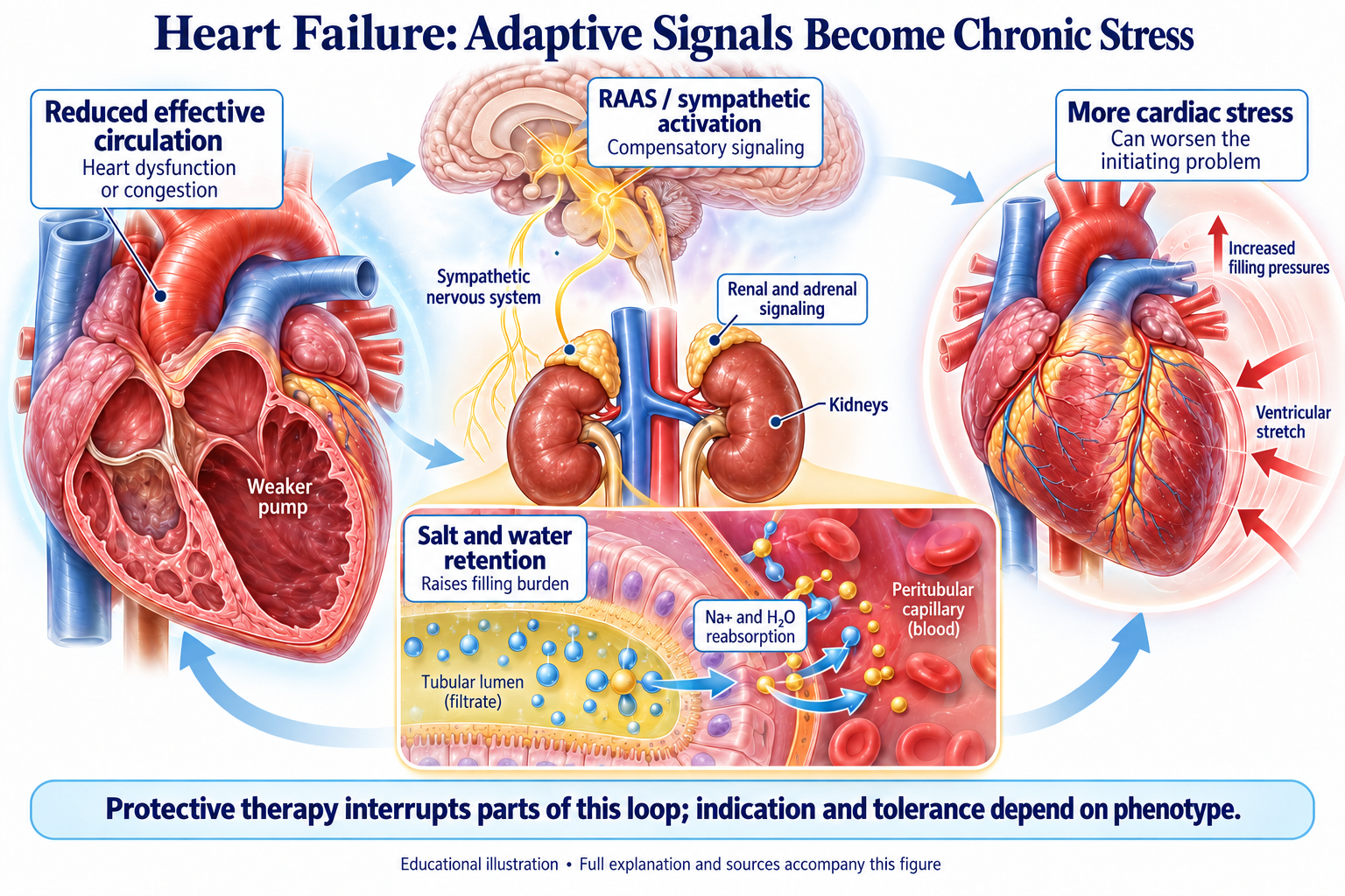 Heart Failure: Adaptive Signals Become Chronic Stress visual summary. Open for the full image and text version.