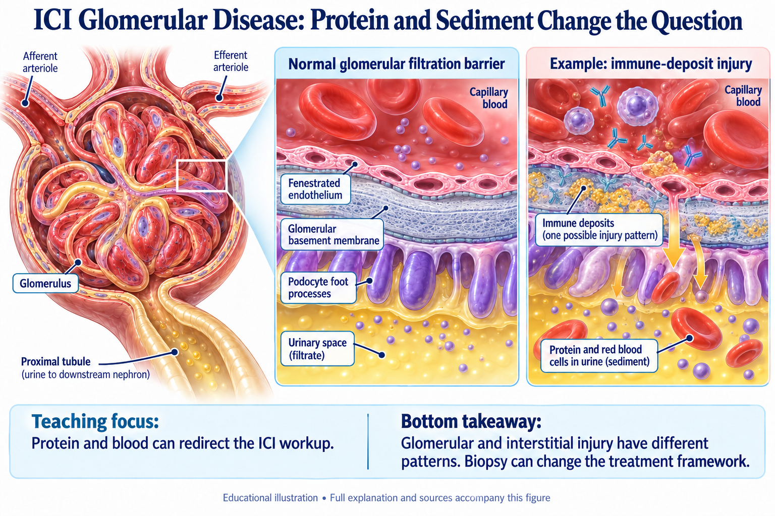 ICI Glomerular Disease: Protein and Sediment Change the Question visual summary. Open for the full image and text version.