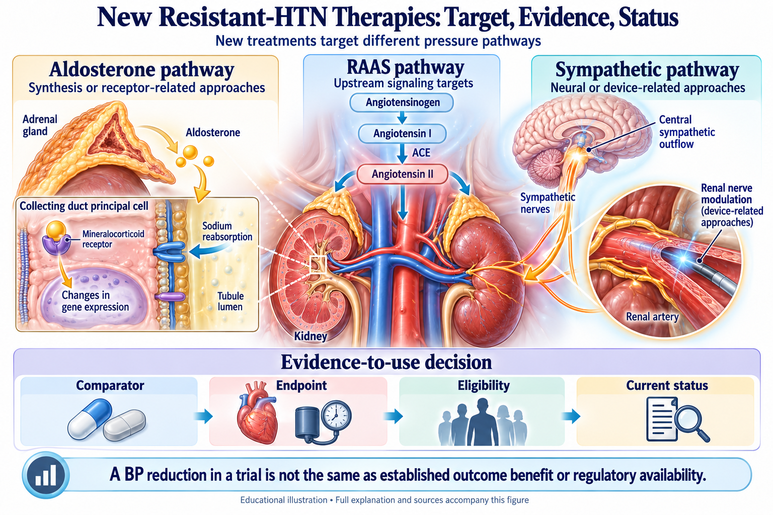 New Resistant-HTN Therapies: Target, Evidence, Status visual summary