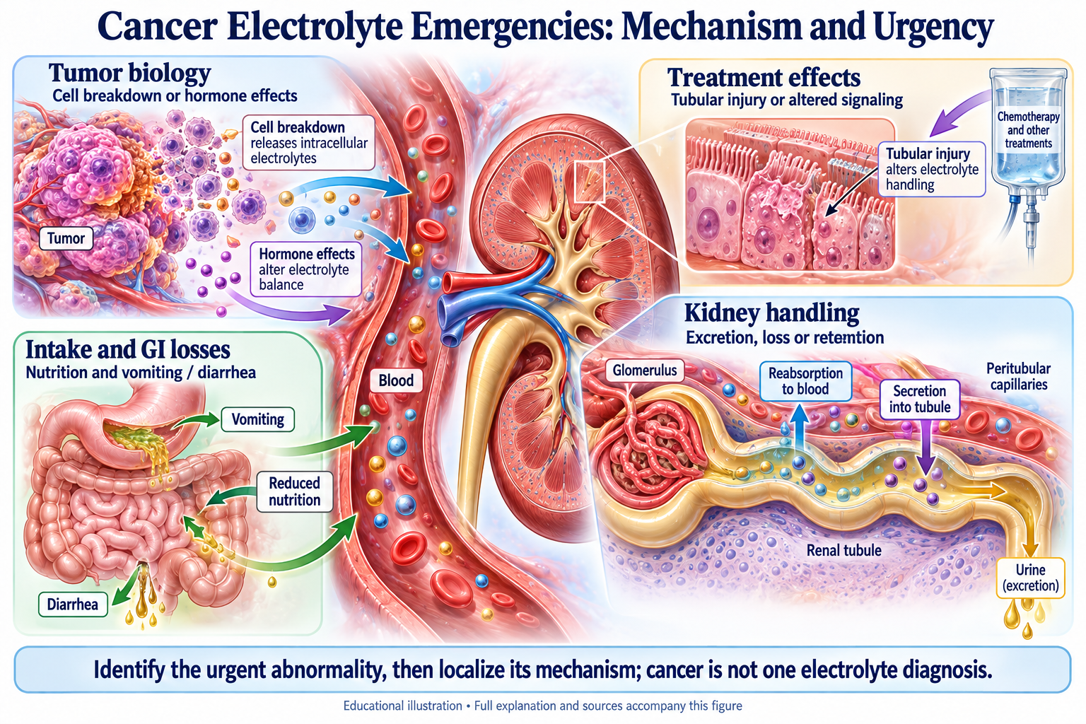 Cancer Electrolyte Emergencies: Mechanism and Urgency visual summary. Open for the full image and text version.