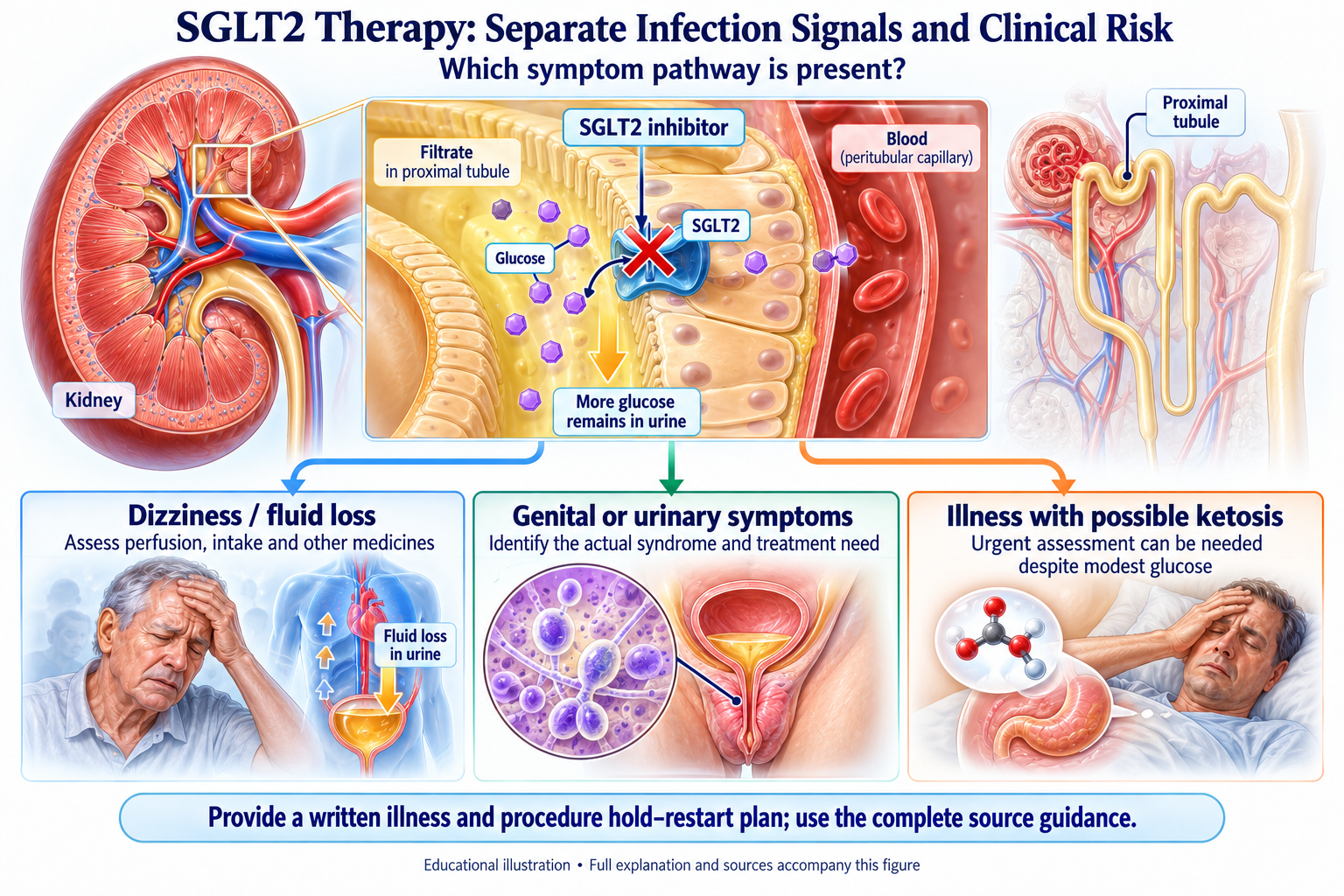 SGLT2 Therapy: Separate Infection Signals and Clinical Risk visual summary. Open for the full image and text version.