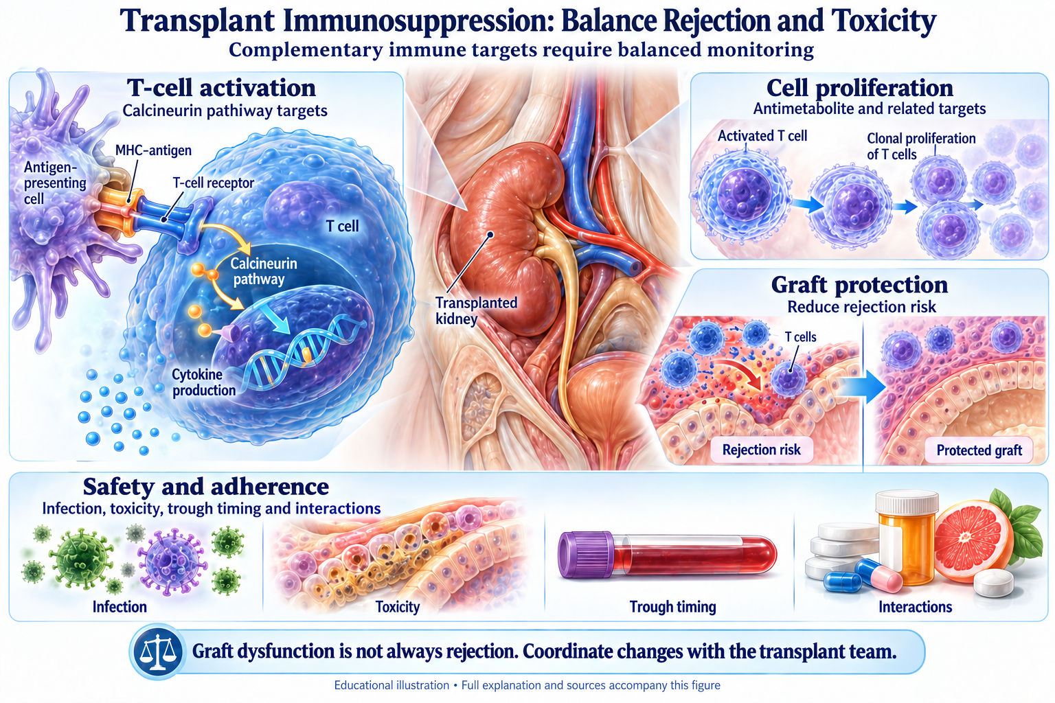 Transplant Immunosuppression: Balance Rejection and Toxicity visual summary. Open for the full image and text version.