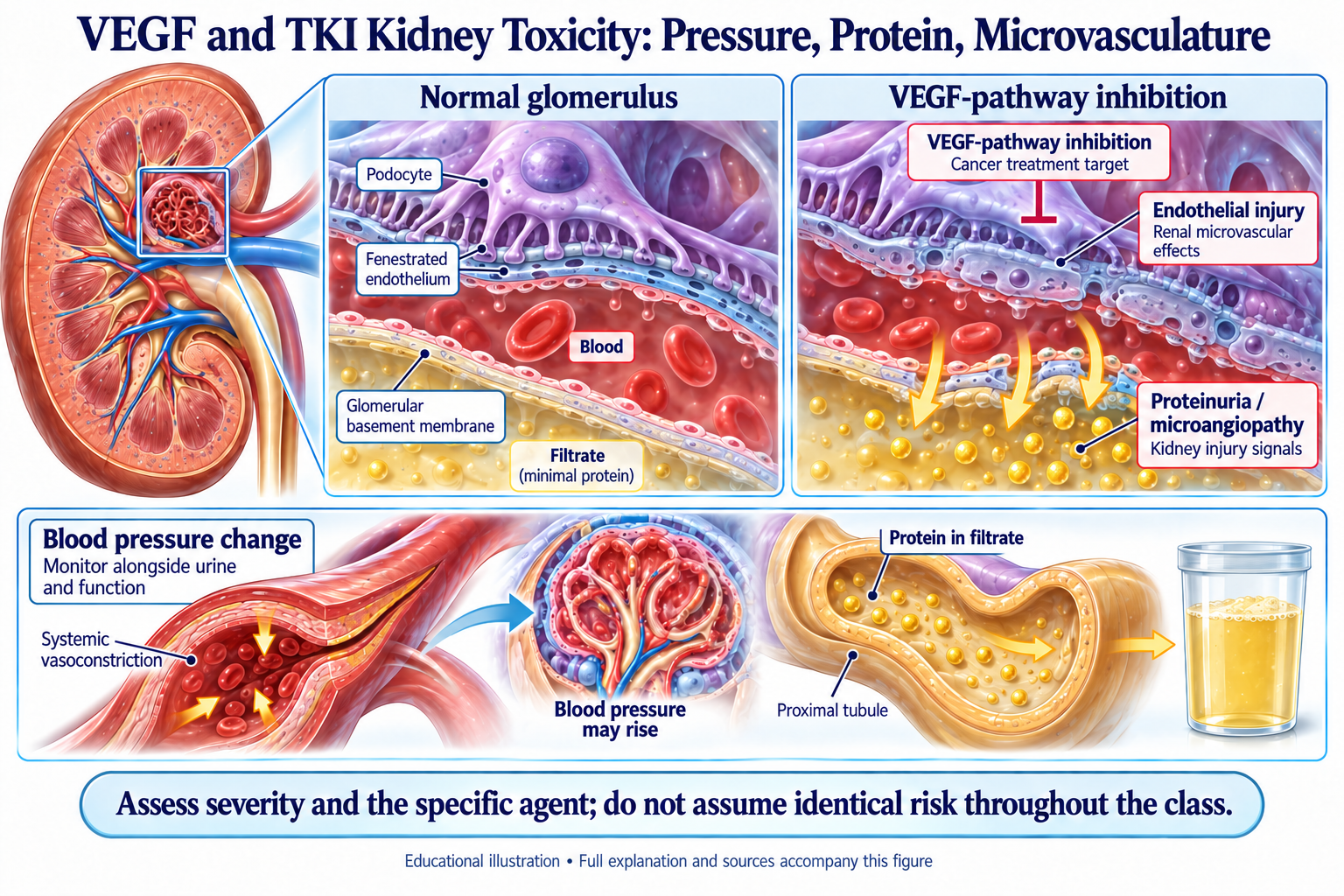 VEGF and TKI Kidney Toxicity: Pressure, Protein, Microvasculature visual summary