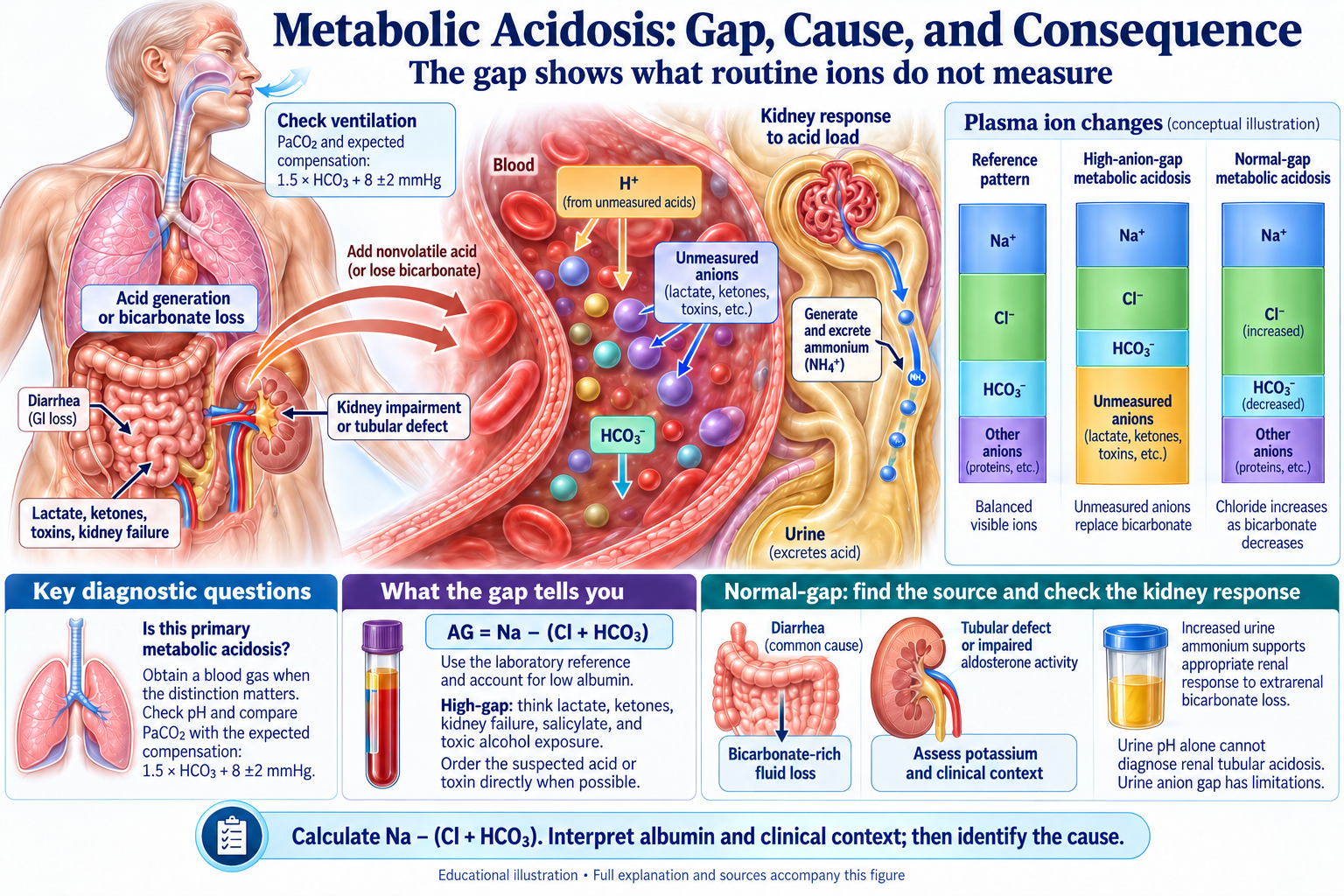 Metabolic Acidosis: Gap, Cause, and Consequence visual summary. Open for the full image and text version.