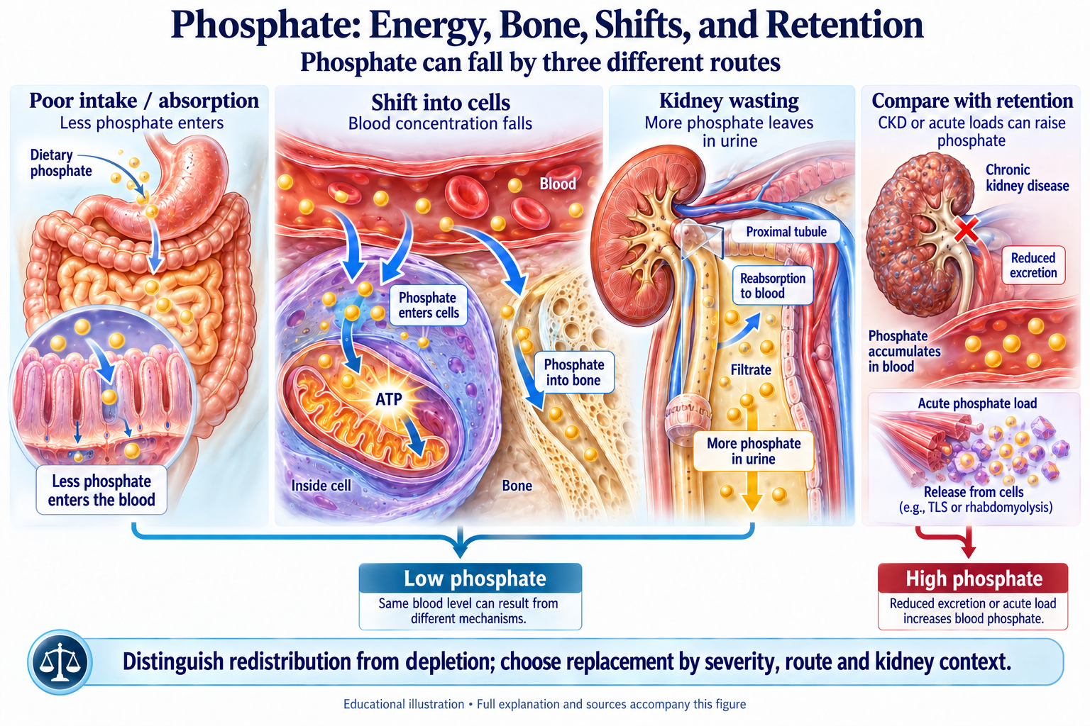 Phosphate: Energy, Bone, Shifts, and Retention visual summary. Open for the full image and text version.