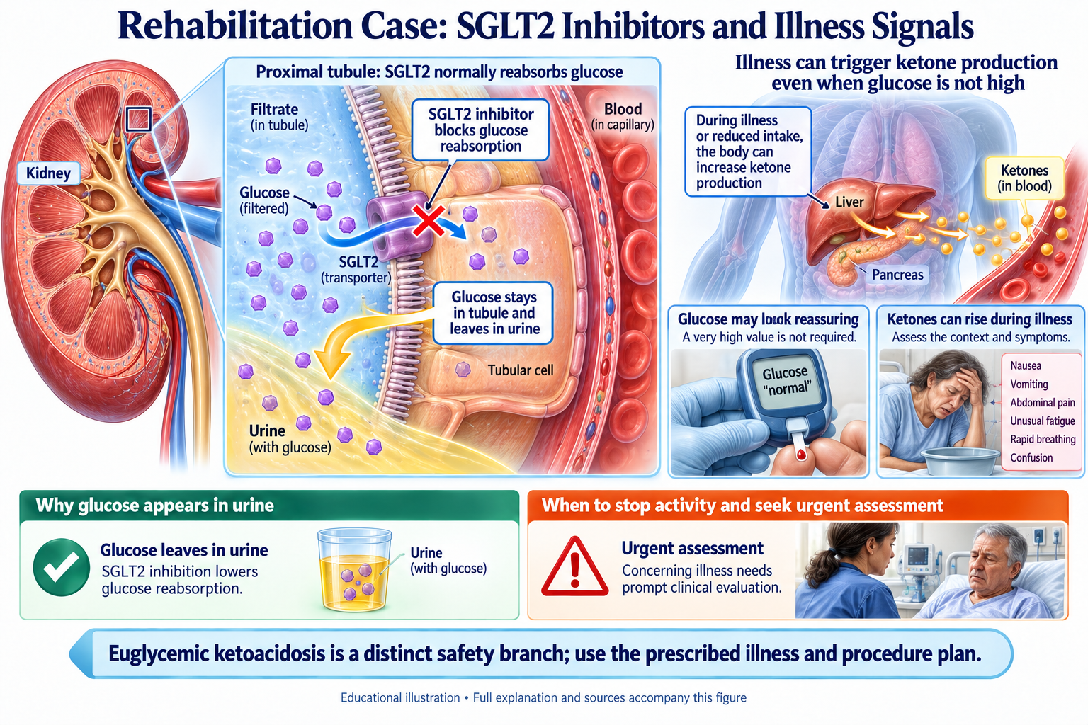 Rehabilitation Case: SGLT2 Inhibitors and Illness Signals visual summary