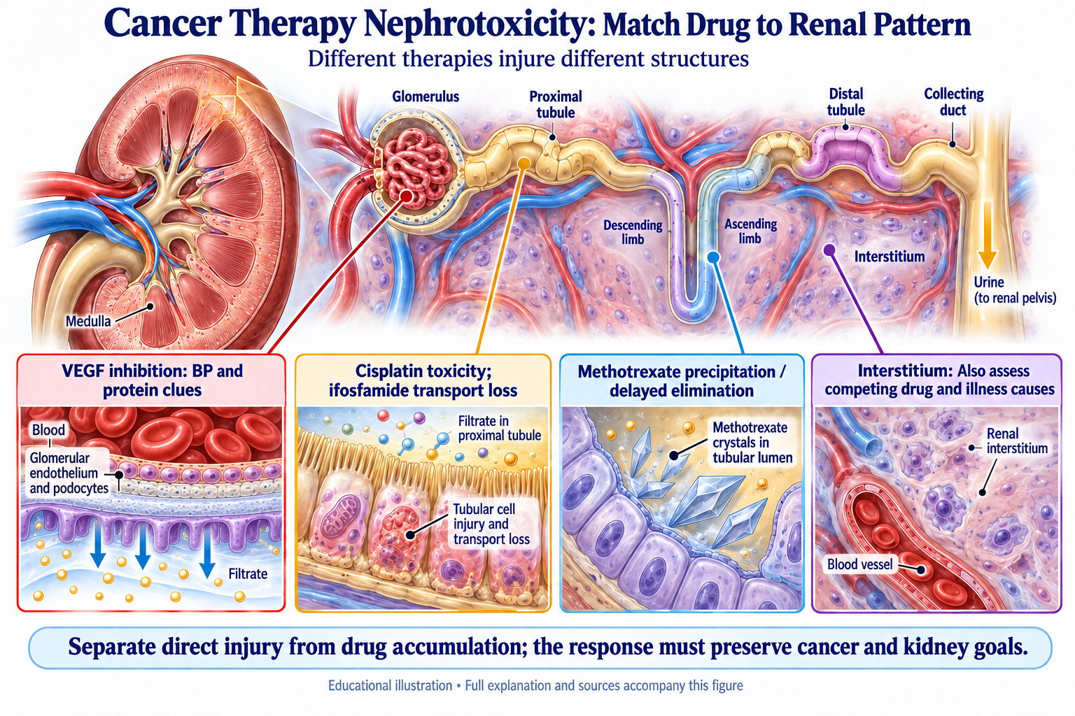 Cancer Therapy Nephrotoxicity: Match Drug to Renal Pattern visual summary. Open for the full image and text version.