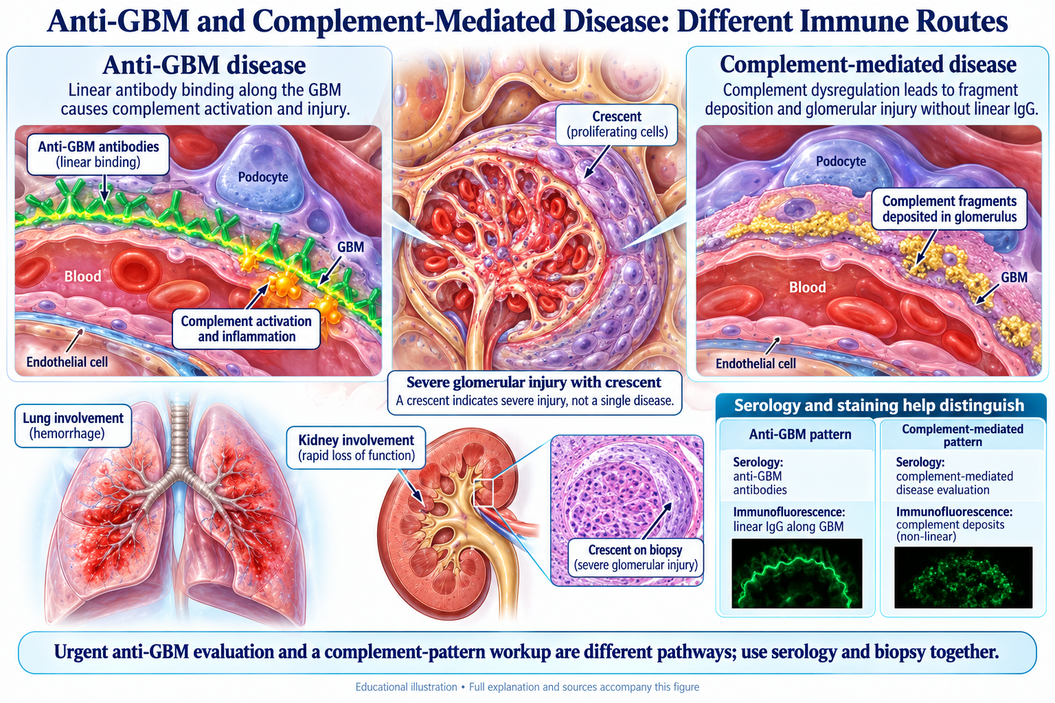 Anti-GBM and Complement-Mediated Disease: Different Immune Routes visual summary