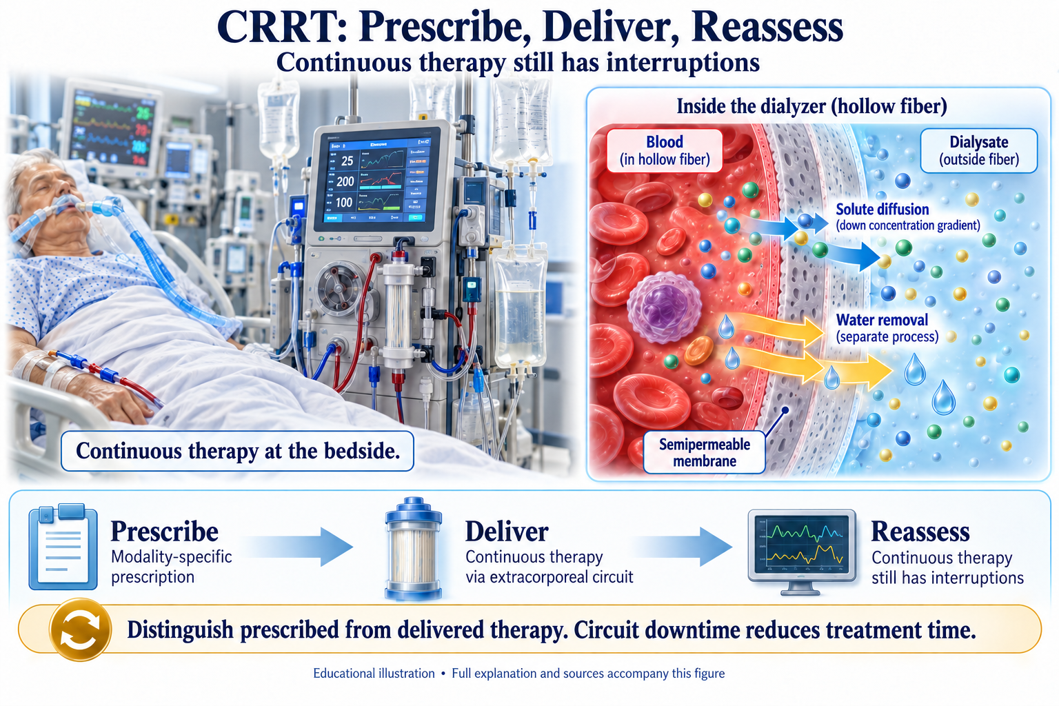 CRRT: Prescribe, Deliver, Reassess visual summary