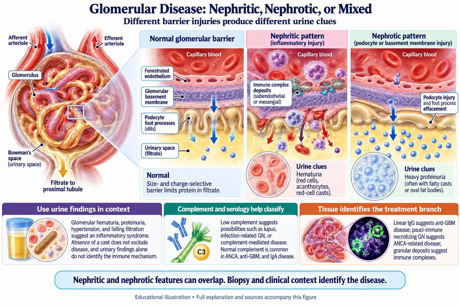 Glomerular Disease: Nephritic, Nephrotic, or Mixed visual summary. Open for the full image and text version.