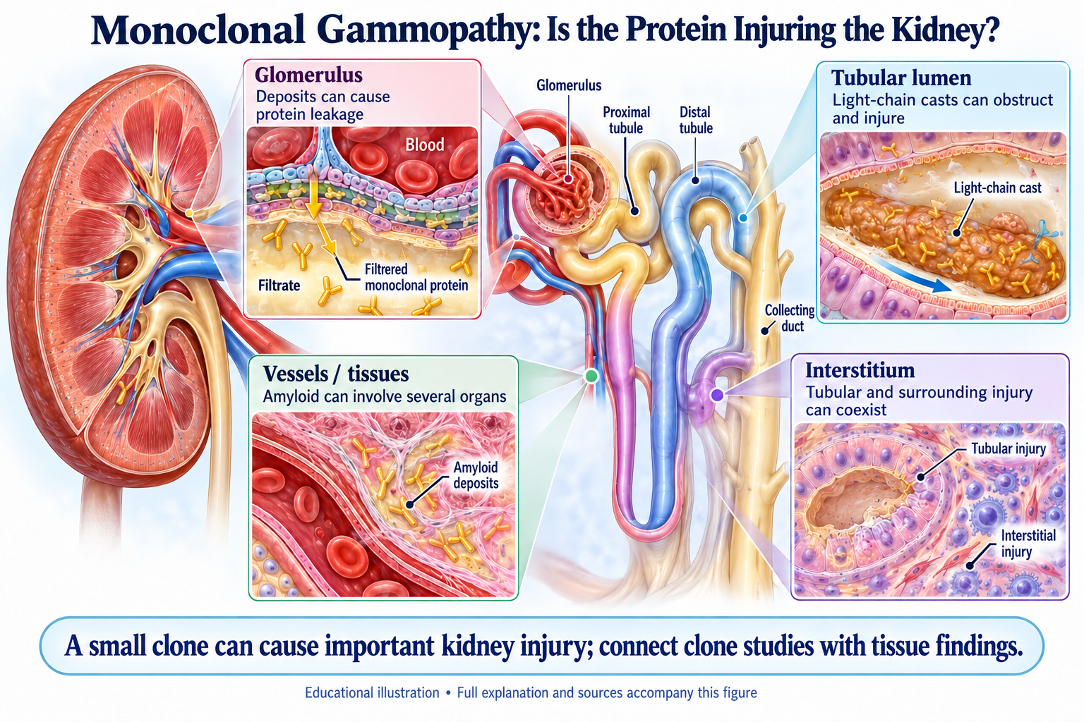 Blood Cancers and Monoclonal Proteins: Several Renal Mechanisms visual summary