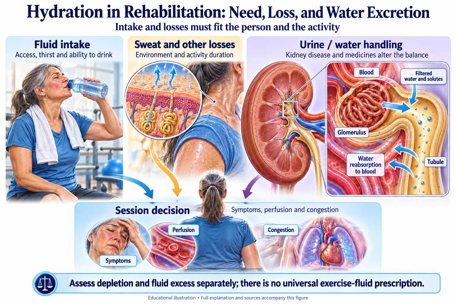 Hydration in Rehabilitation: Need, Loss, and Water Excretion visual summary. Open for the full image and text version.