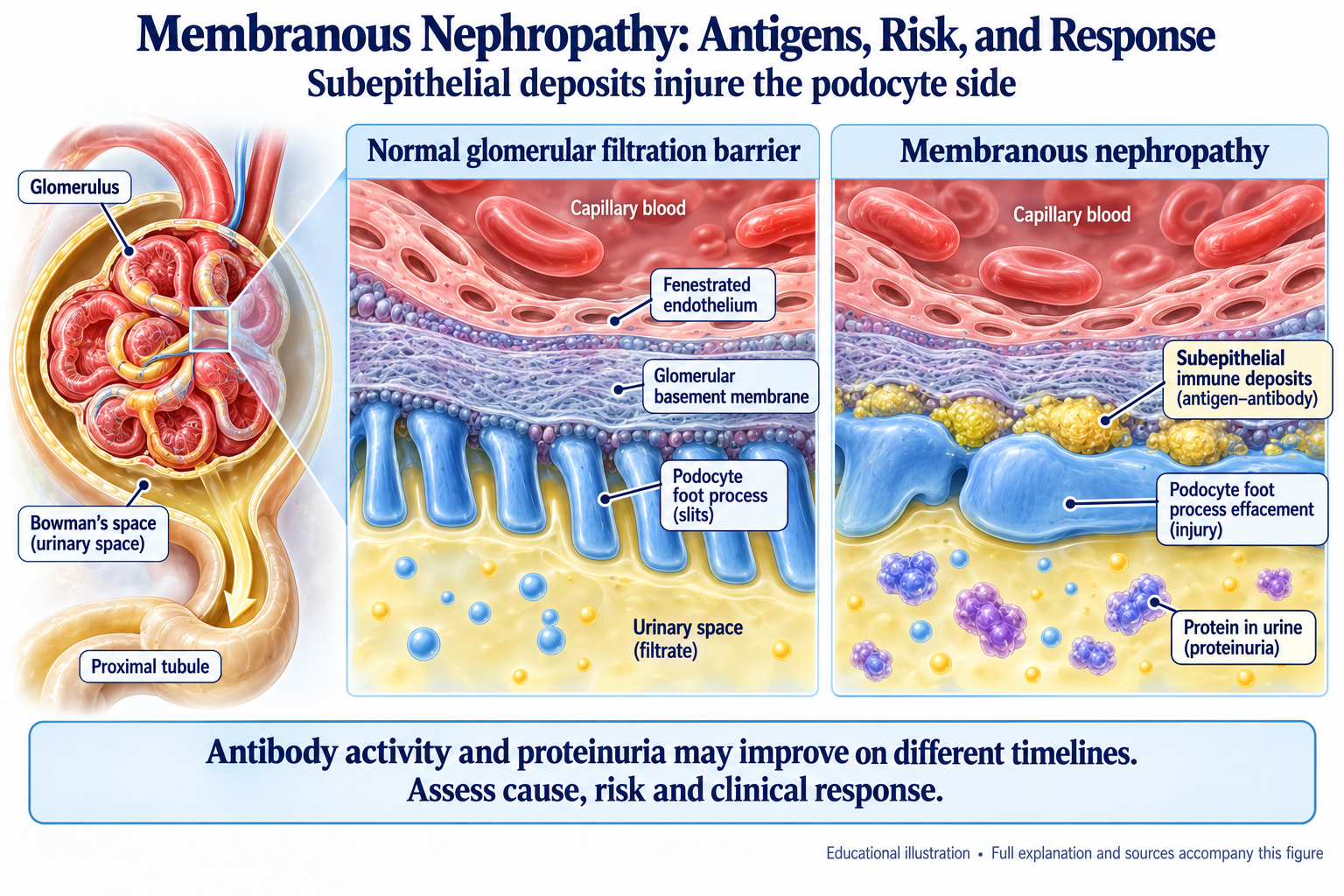 Membranous Nephropathy: Antigens, Risk, and Response visual summary