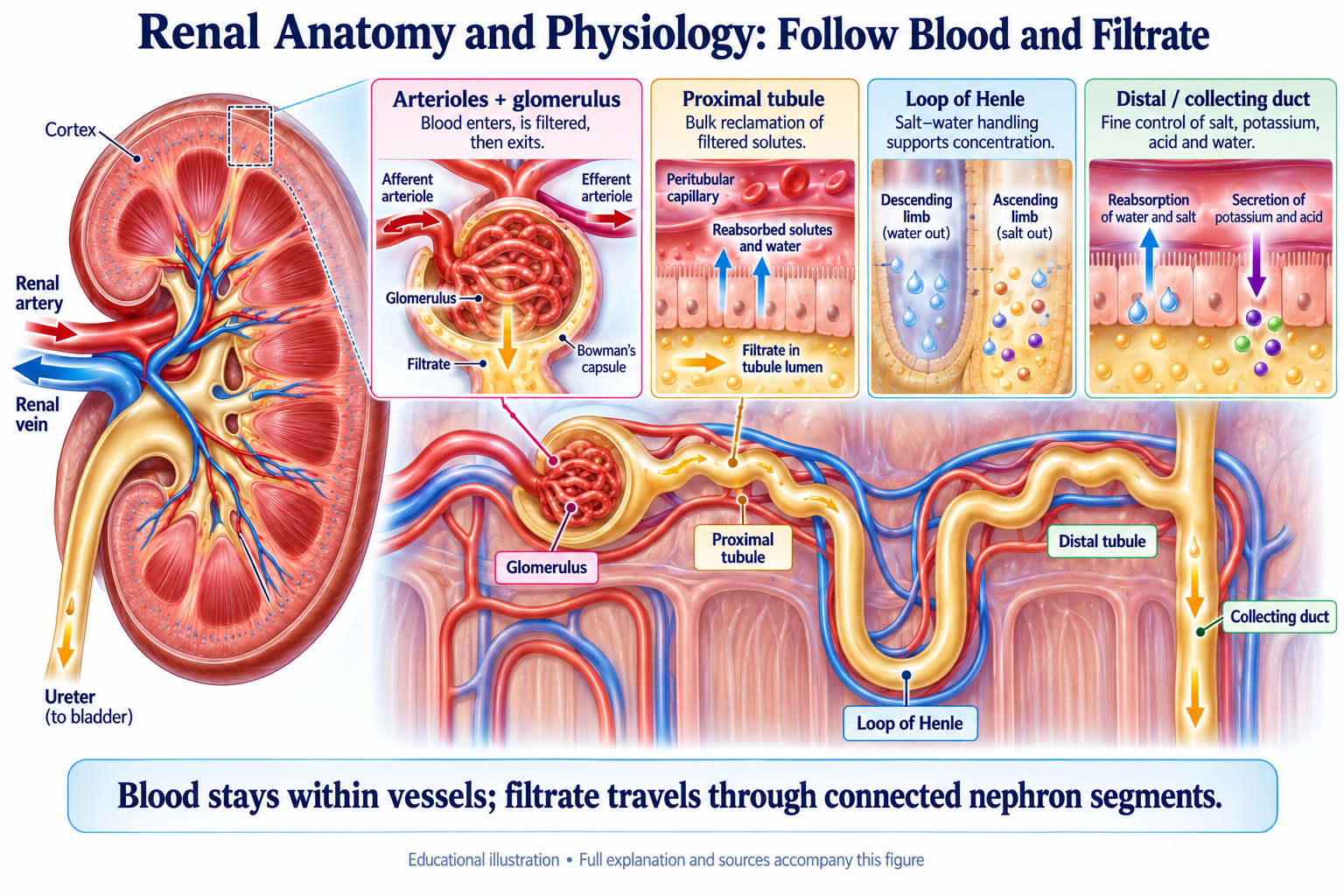 Renal Anatomy and Physiology: Follow Blood and Filtrate visual summary. Open for the full image and text version.