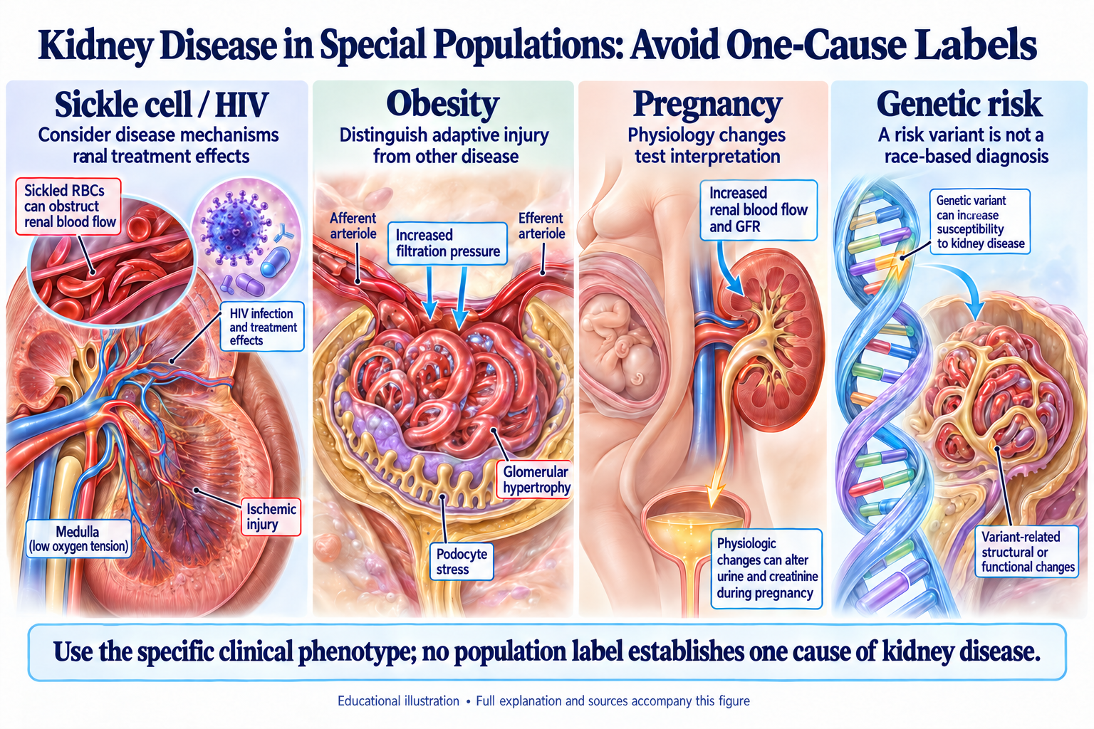 Kidney Disease in Special Populations: Avoid One-Cause Labels visual summary